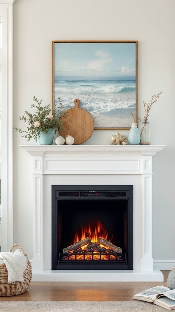 A cozy living room with a white electric fireplace, decorated with coastal elements like a beach painting, floral arrangements, and marine-themed decor.