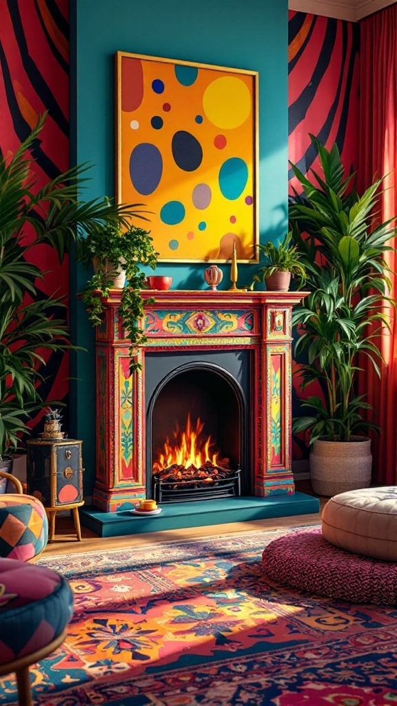 A colorful electric fireplace with vibrant decor and plants