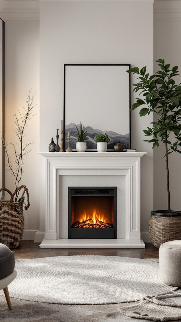 A cozy living space featuring a white mantel with a free standing electric fireplace, potted plants, and stylish decor.