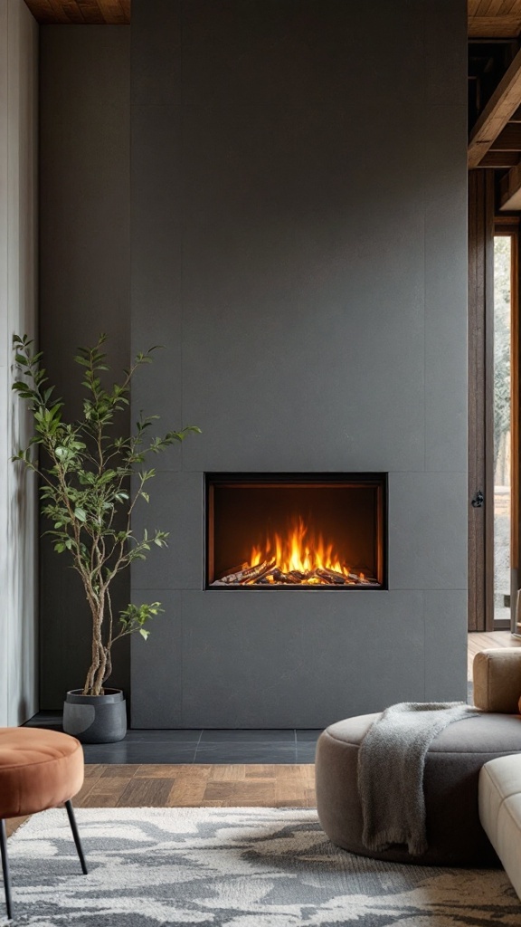 A modern free standing electric fireplace set against a dark wall with a plant beside it, creating a stylish and cozy living area.