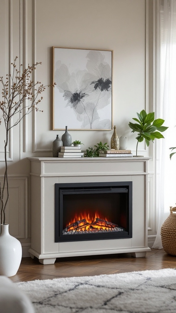 A freestanding electric fireplace with a modern design, surrounded by decor and art, creating a cozy atmosphere.