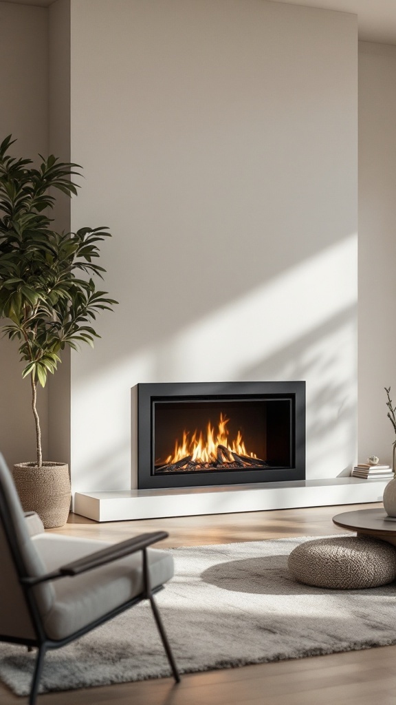 A modern minimalist electric fireplace framed in black, set in a stylish room with natural light.