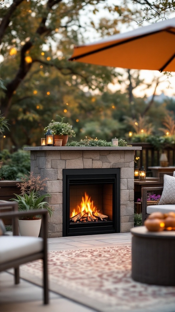 A freestanding electric fireplace on an outdoor patio surrounded by comfortable seating and decorative elements.