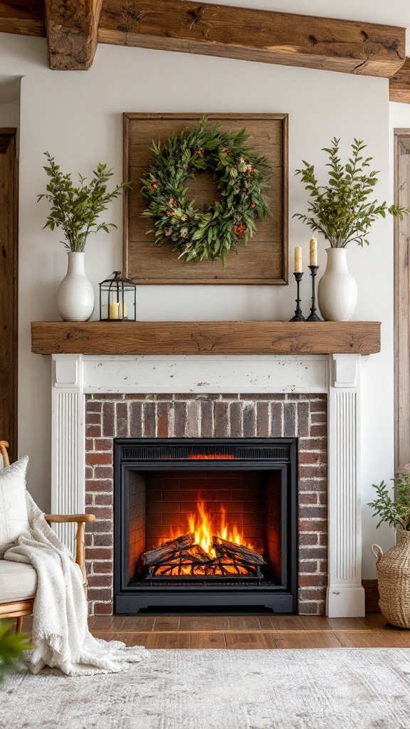 A cozy electric fireplace in a rustic farmhouse setting with a wreath and decorative plants.