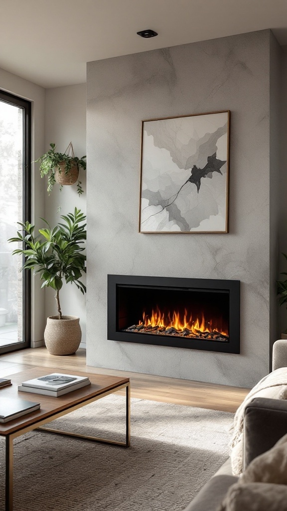 A modern living room featuring a free-standing electric fireplace with a stylish design, surrounded by plants and natural light.