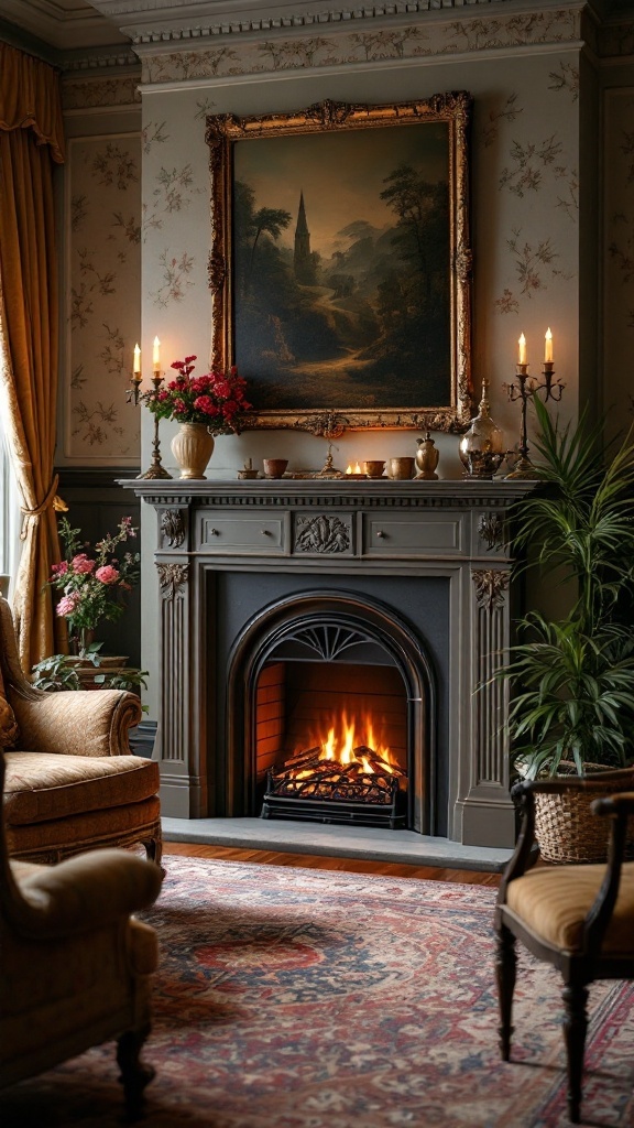 A cozy living room featuring a traditional electric fireplace with a decorative mantel, candlelight, and floral arrangements.