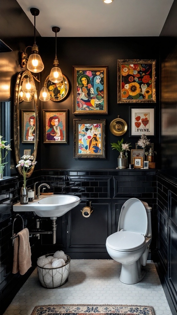 A stylish bathroom with a black accent wall adorned with colorful artwork and warm lighting.