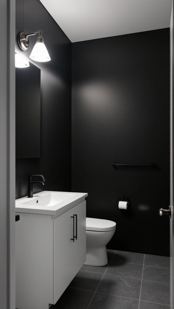 Bathroom with a black accent wall, white vanity, and modern fixtures