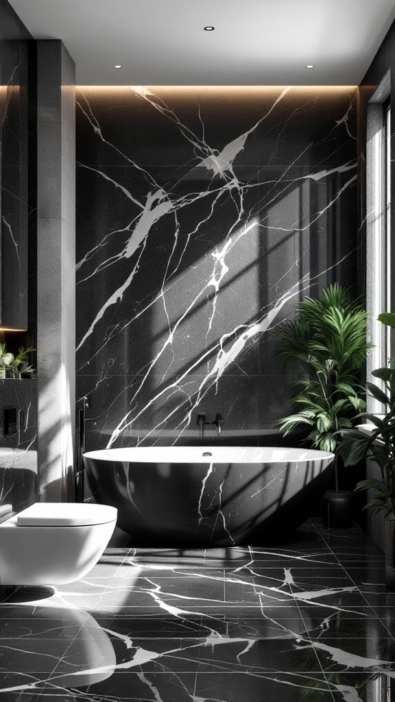 A modern black and white marble bathroom with a round bathtub, sleek walls and floor, and potted plants.