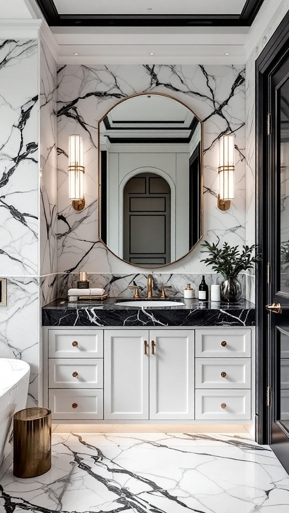 A stylish bathroom featuring a custom vanity with black and white marble accents.