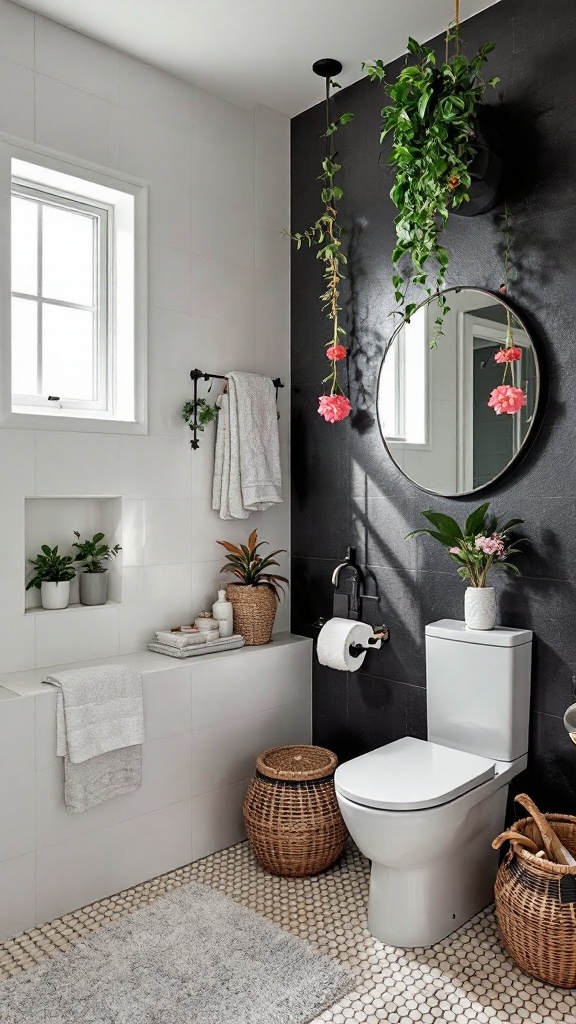 A stylish bathroom featuring a black accent wall with greenery and floral decorations.