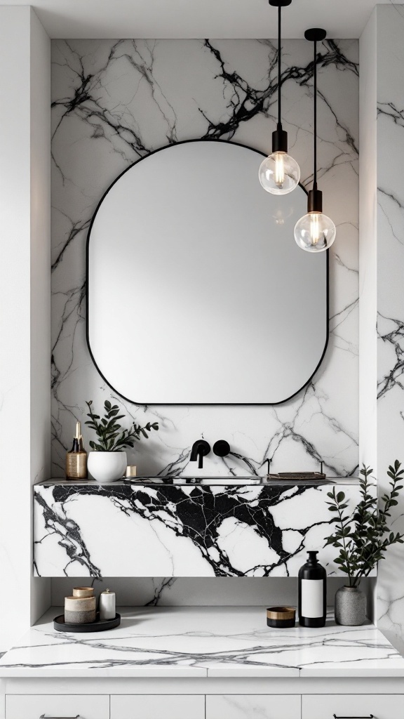 Black and white marble bathroom with pendant lights and a round mirror