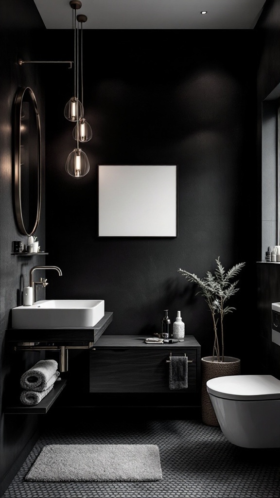 A modern bathroom with a black accent wall, stylish lighting, and contemporary decor.