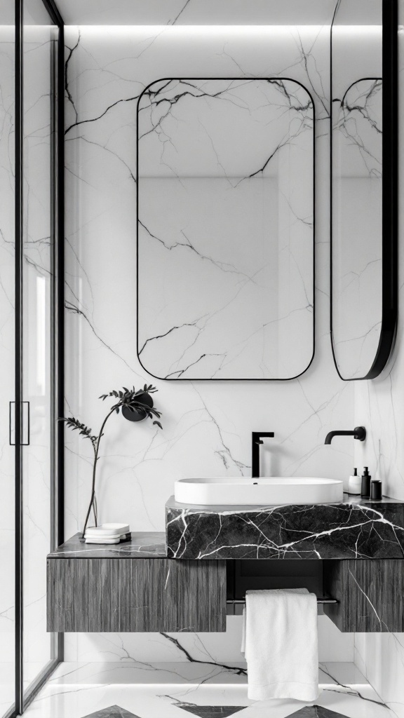 A modern black and white marble bathroom featuring sleek fixtures and minimalist design.