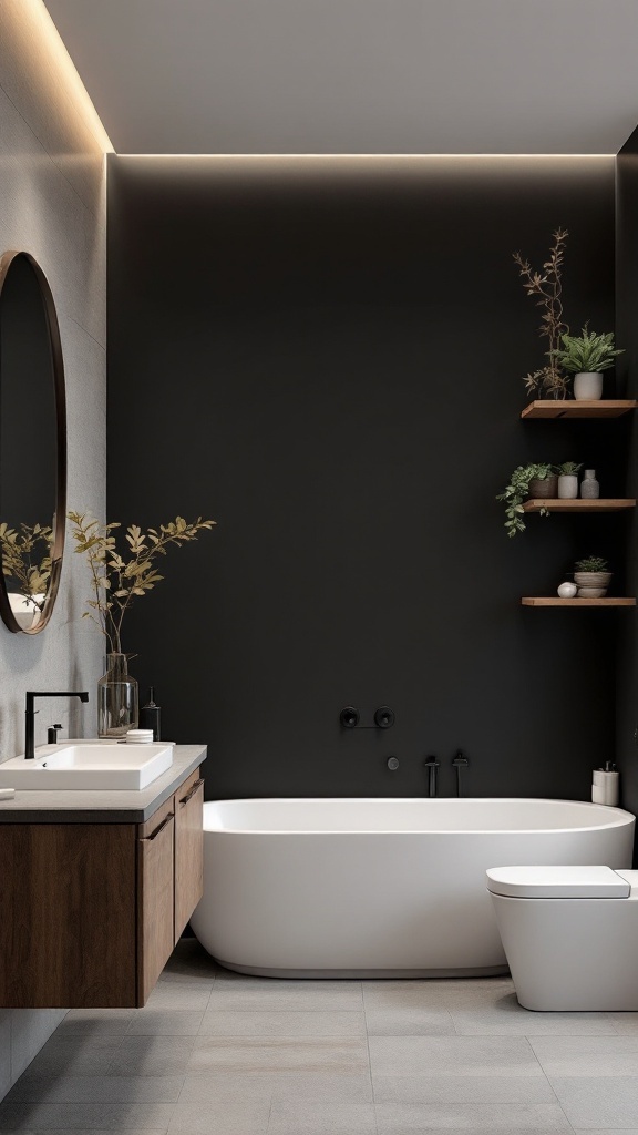 A modern bathroom featuring a black accent wall, wooden cabinetry, and stylish decor.