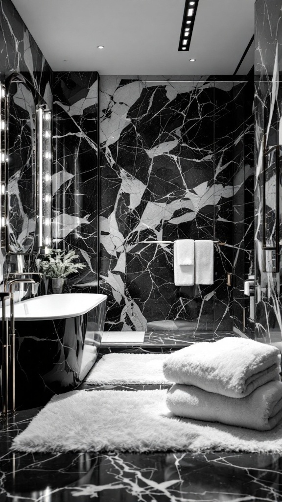 A luxurious black and white marble bathroom featuring textured elements like a freestanding bathtub, soft rugs, and a small plant.