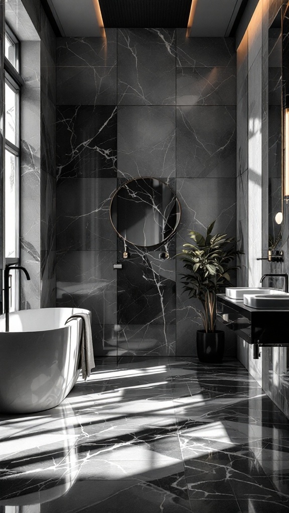 A black and white marble bathroom featuring natural light, a freestanding tub, and green plants.