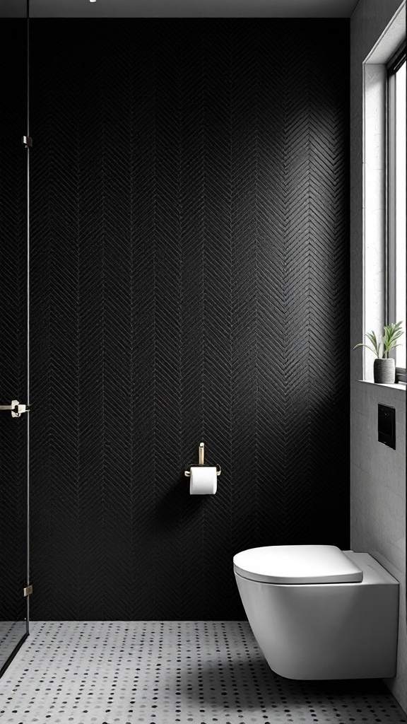 A stylish bathroom featuring a black herringbone accent wall with a white toilet and gray flooring.