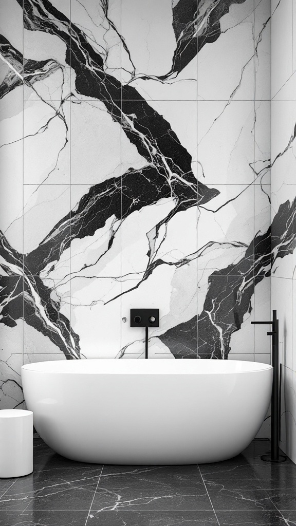 A black and white marble bathroom featuring elegant tile arrangements, a white bathtub, and black fixtures.