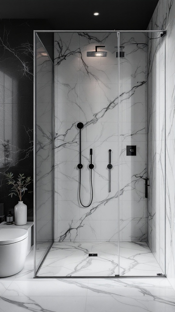 Modern black accent wall bathroom with a stylish shower space featuring marble tiles and black fixtures.