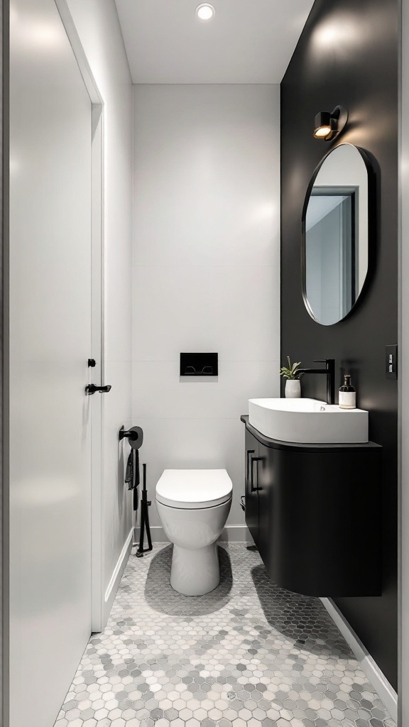 A small bathroom featuring a black accent wall, modern fixtures, and hexagonal flooring.