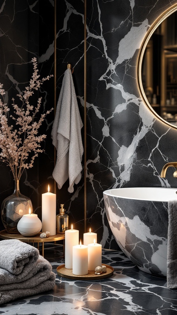 A stylish black and white marble bathroom featuring candles, towels, and a mirror.