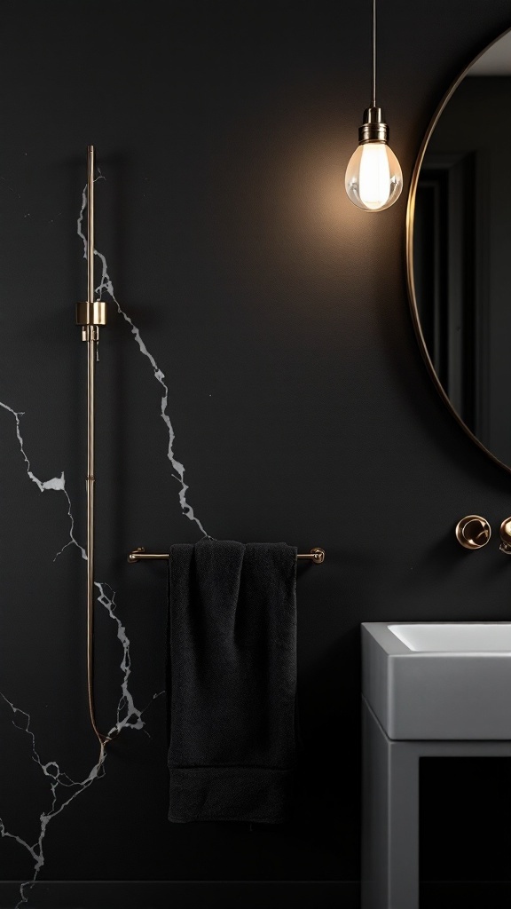 A stylish black accent wall bathroom with matte and glossy finishes, featuring gold fixtures and a modern light.