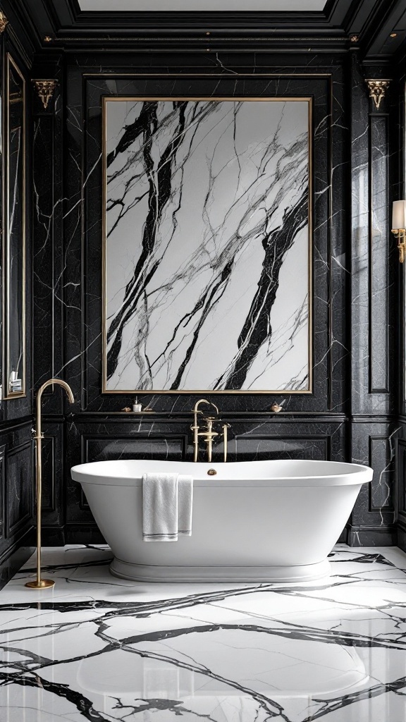 A luxurious black and white marble bathroom featuring a white bathtub, gold fixtures, and a large mirror.