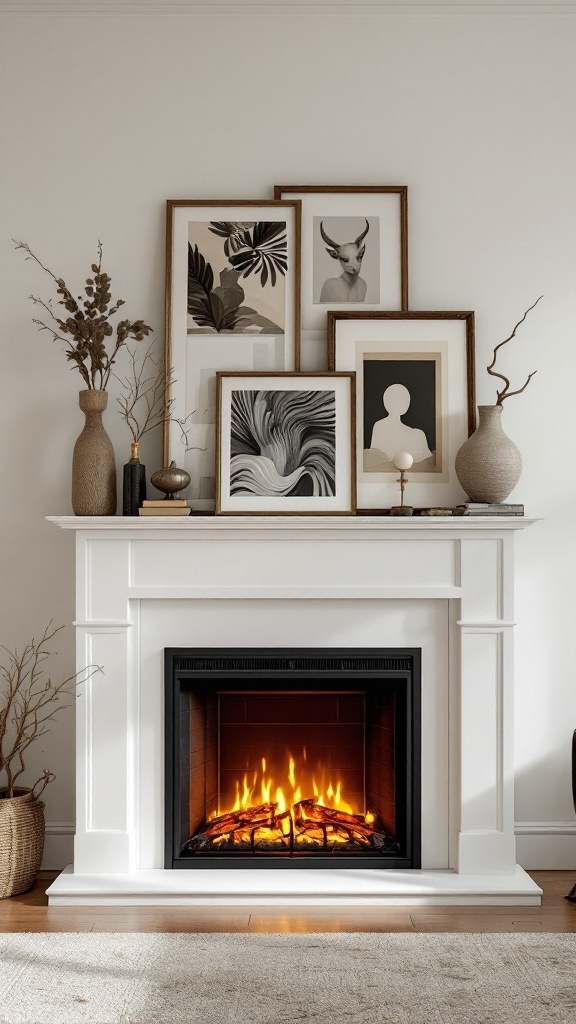 A modern electric fireplace with a decorative mantle featuring framed artwork and vases