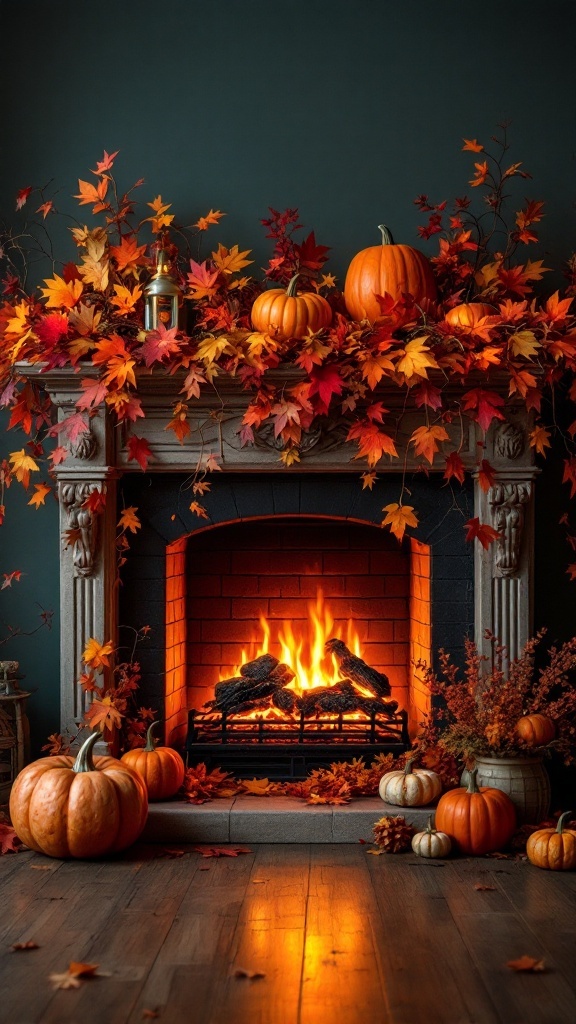 An electric fireplace decorated with pumpkins and autumn leaves.