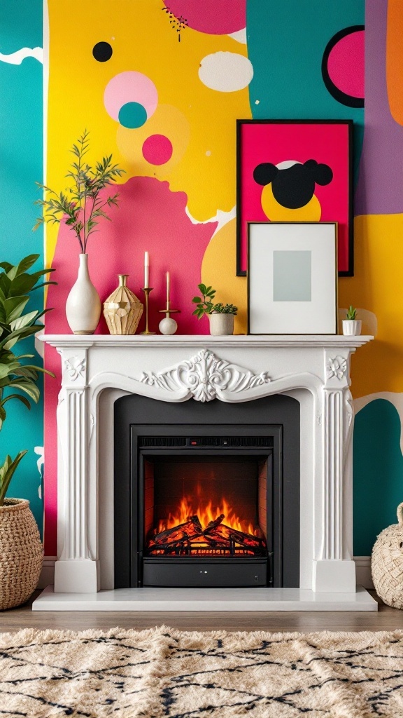 A vibrant living room featuring an electric fireplace with a colorful wall surround and decorative elements.