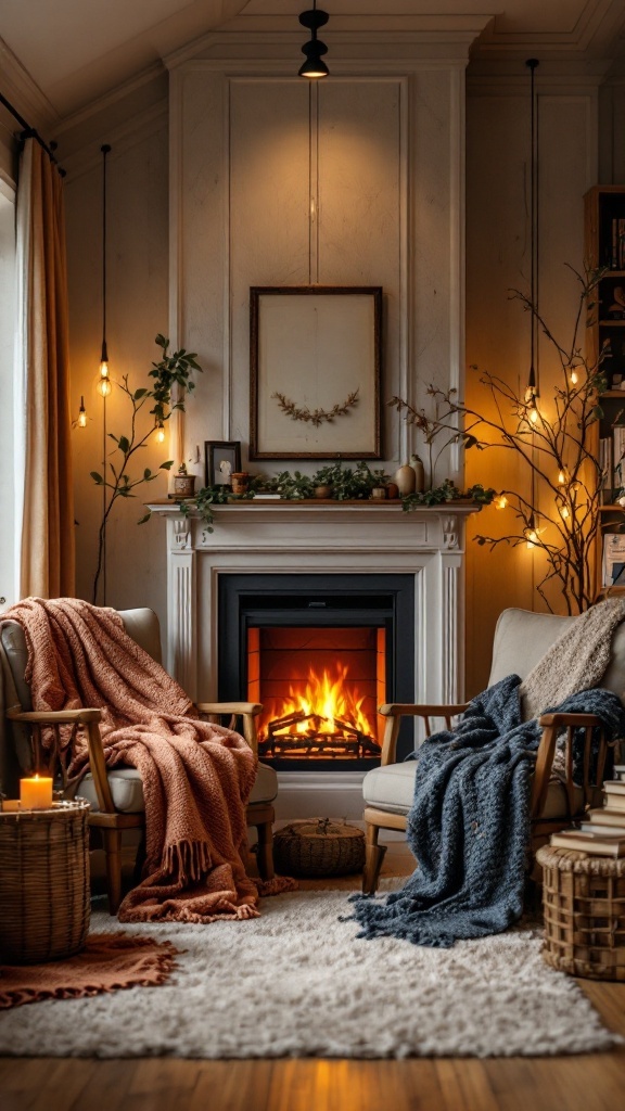 A cozy room with two overstuffed chairs, a warm electric fireplace, and soft blankets.