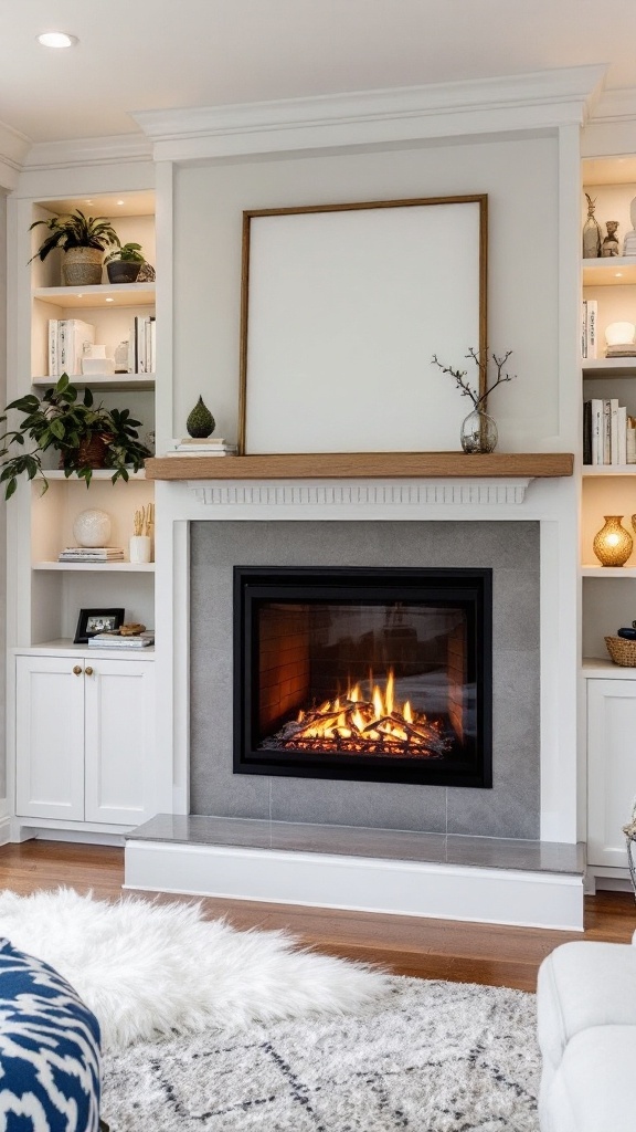 A modern electric fireplace with built-in shelving on either side, featuring decorative items and plants.