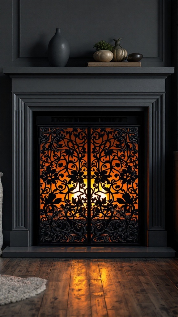 An elegant electric fireplace with a decorative black screen featuring intricate floral designs, creating a warm and inviting atmosphere.