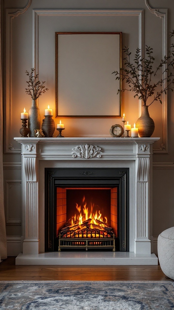 Elegant white mantel with electric fireplace, decorated with candles and greenery.
