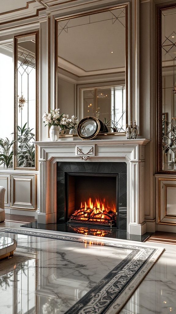 A stylish living space featuring an electric fireplace surrounded by mirrors and glass decor.