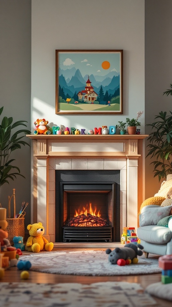 Cozy family room with electric fireplace, colorful toys, and cheerful decor