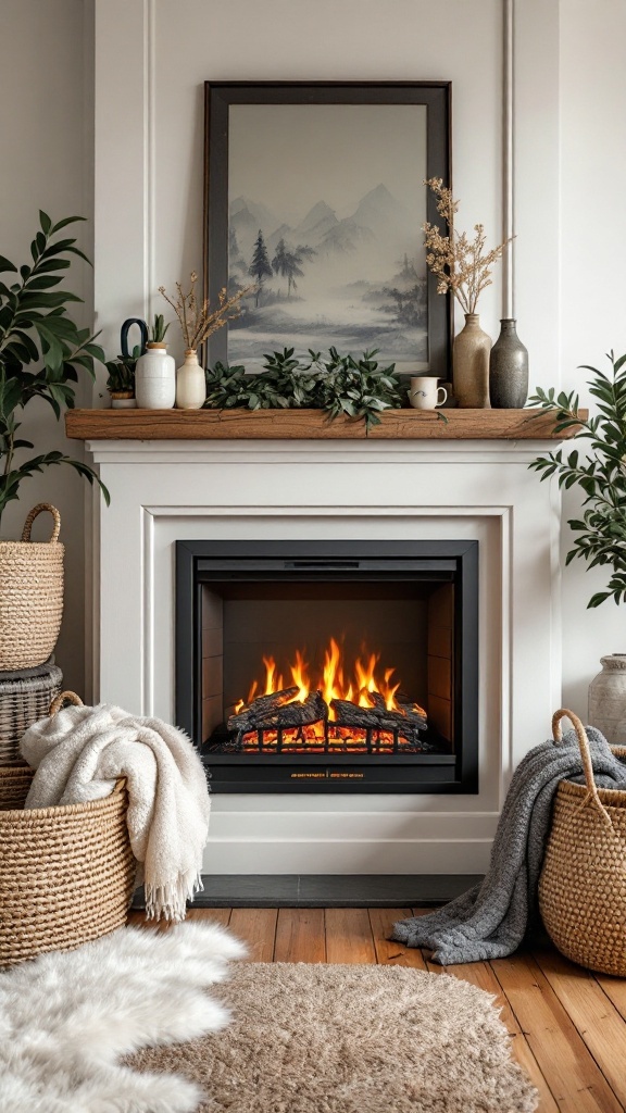 A cozy electric fireplace setup with layered textures, including blankets, woven baskets, and a plush rug.