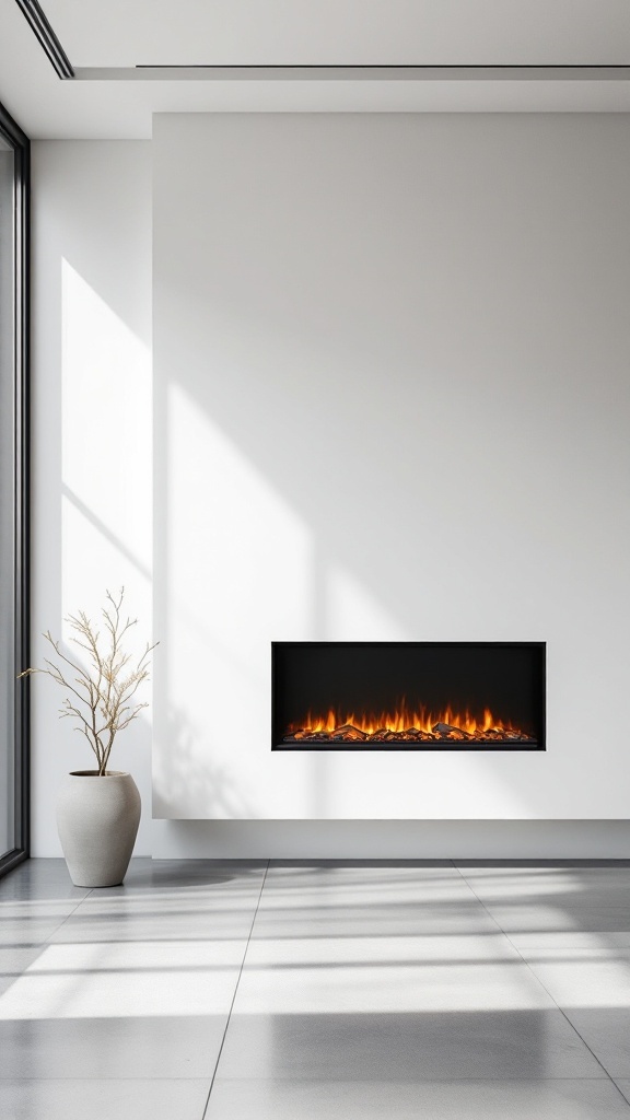 A modern minimalist room featuring a sleek electric fireplace embedded in a white wall, with a vase and branch beside it.