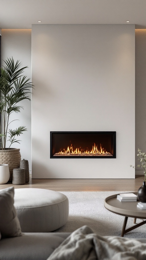 A modern minimalist electric fireplace integrated into a stylish living room.