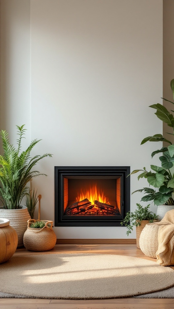 Interior scene featuring an electric fireplace surrounded by various plants in woven baskets, creating a cozy and nature-inspired atmosphere.