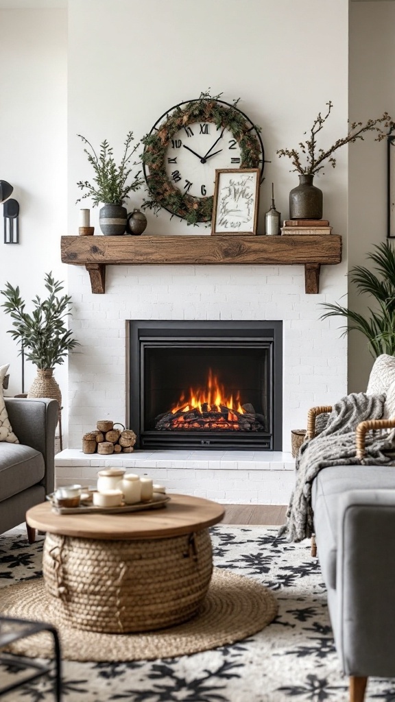 Cozy living room with an electric fireplace, reclaimed wood mantel, and rustic decor