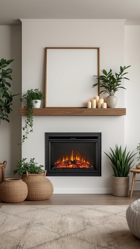 A cozy living room featuring an electric fireplace with a wooden mantel decorated with plants and candles.