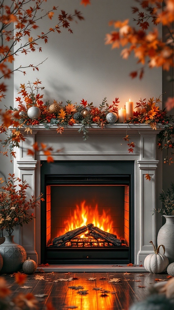 A cozy electric fireplace decorated with fall foliage, candles, and pumpkins.