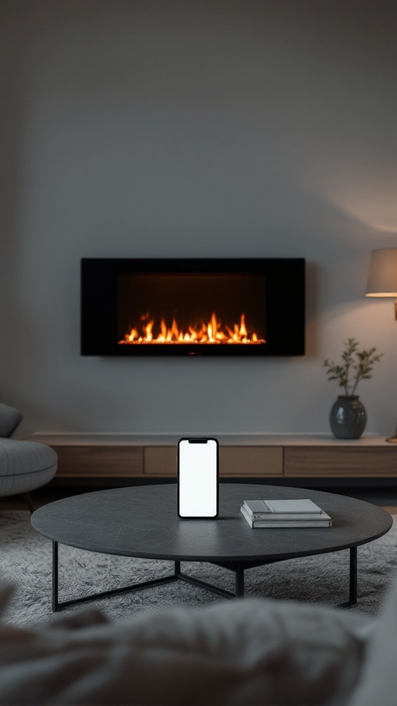 A modern living room featuring a sleek electric fireplace, a smartphone on a coffee table, and a cozy atmosphere.