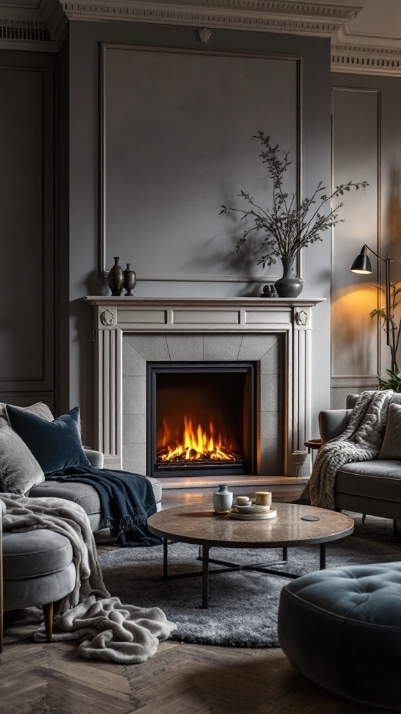A stylish living room featuring an electric fireplace, plush textiles, and a cozy atmosphere.