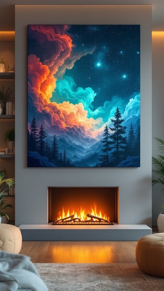 A vibrant painting of swirling clouds and trees above an electric fireplace