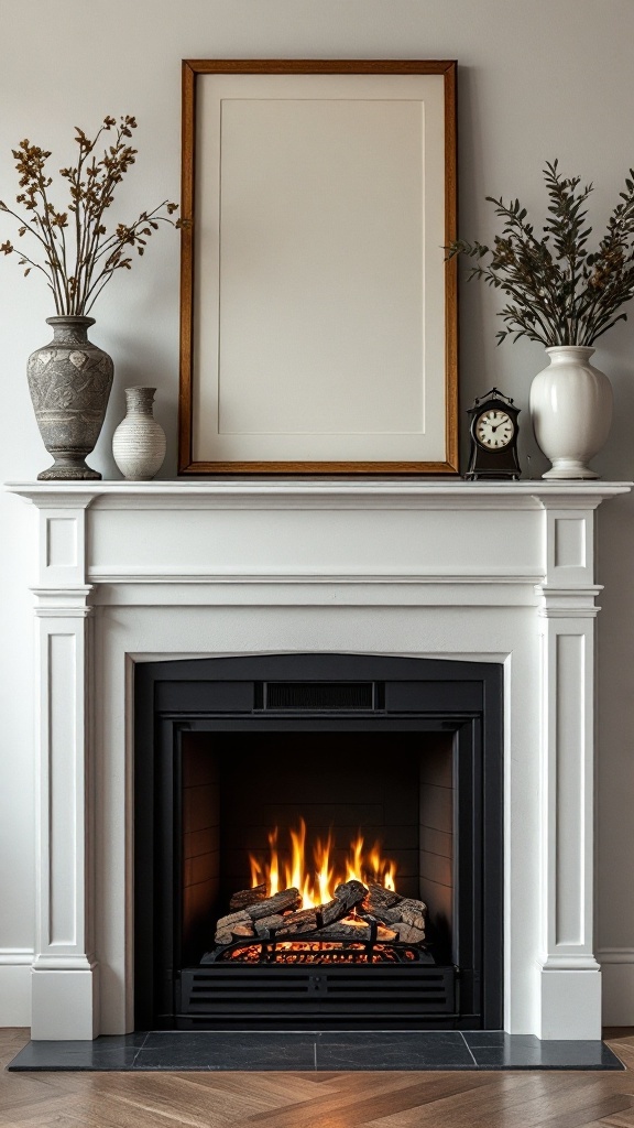 A classic electric fireplace mantel decorated with vintage vases, a clock, and a picture frame.