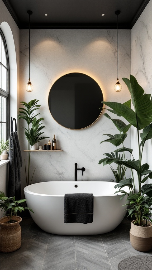 A modern bathroom featuring a black ceiling with a white freestanding tub and greenery.