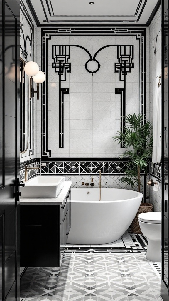 Black and white Art Deco bathroom featuring geometric patterns, a freestanding tub, and elegant fixtures